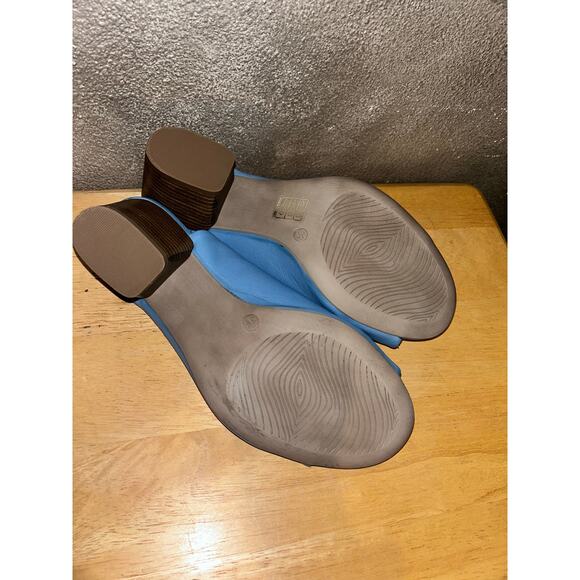 Bueno Clare Tusk Blue Leather Faux Stacked Slingback Sculpted Peep Toe Heels - Picture 6 of 9